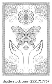 Bohemian zentangle coloring page with hands holding a butterfly and sacred geometry flower of life symbol. Black and white witchcraft vector art. Wiccan illustration.