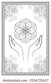 Bohemian zentangle coloring page with open hands, sacred geometry flower of life symbol and zentangle mandala. Black and white witchcraft vector art. Wiccan illustration. Tarot deck design.