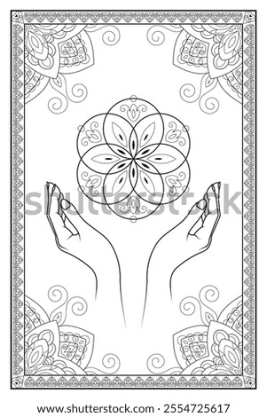 Bohemian zentangle coloring page with open hands, sacred geometry flower of life symbol and zentangle mandala. Black and white witchcraft vector art. Wiccan illustration. Tarot deck design.