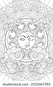 Página de coloração zentangle boêmio com sol, lua, nuvens e mandala zentangle. Ilustração de vetor de bruxaria em preto e branco. Projeto de convés de tarô.
