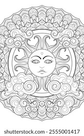 Bohemian zentangle coloring page with sun, clouds and zentangle mandala. Black and white witchcraft vector art. Wiccan illustration. Tarot deck design.