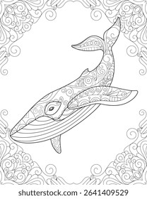 Bohemian zentangle coloring page with whale and zentangle mandala. Black and white witchcraft vector art. Wiccan illustration. Tarot deck design.
