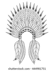 Bohemian zentangle vector War Bonnet with feathers. Decorative headdresst for adult coloring page, ethnic patterned t-shirt print. Bohochic american style. Doodle Illustration, tattoo design.