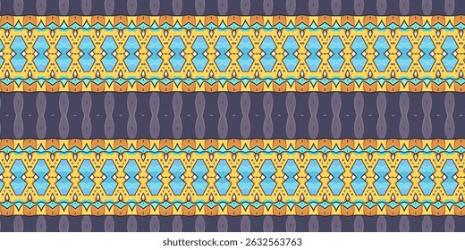 A bohemian-inspired seamless pattern with cool-toned blue diamonds, soft grays, and earthy yellow-orange accents.