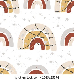 Bohemianl rainbow hand drawn pattern, ethnic pattern. Boho seamless texture. Kids background with scandinavian elements. Wallpaper for children and chidish art.
