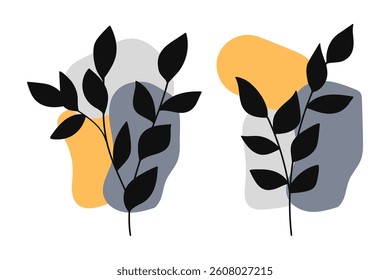 A bohemian-style botanical illustration featuring bold black plant silhouettes set against soft, pastel-colored shapes