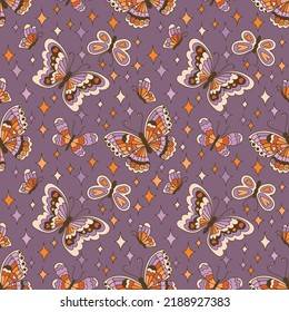 Boho 70s 60s Hippie Summer Groovy Butterfly Vector Seamless Pattern. Vintage Magical Colored Butterflies With Sparkly Stars On A Purple Background. Hand-drawn Vector Illustration.