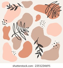 Conjunto de formas de arte abstracto de Boho. Paquete de doodle amarillo rosado de color pastel. Hojas de planta de estilo moderno y decoración de formas suaves tropicales, colección aislada en beige