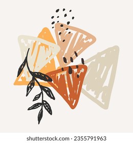 Conjunto de formas de triángulo de arte abstracto Boho. Paquete de doodle amarillo rosado de color pastel. Hojas de planta de estilo moderno y decoración de formas suaves tropicales, colección aislada en beige