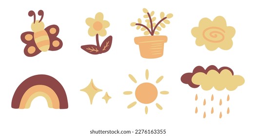 Boho abstract autumn illustration set isolated hand drawing style, butterfly, rainbow, rain cloud, a cumulonimbus clouds, plant, flower, leaves, sun, and stars sparkle 