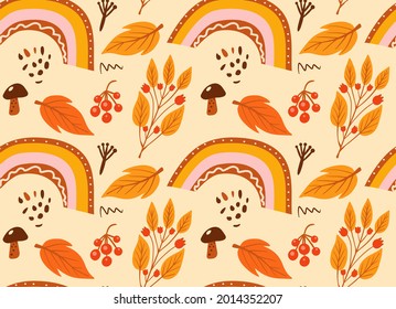 Boho abstract autumn seamless pattern. Bohemian print creative contemporary aesthetic doodle style, repeating texture, background. Vector illustration