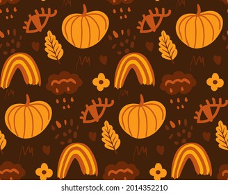 Boho abstract autumn seamless pattern. Bohemian print creative contemporary aesthetic doodle style, repeating texture, background. Vector illustration