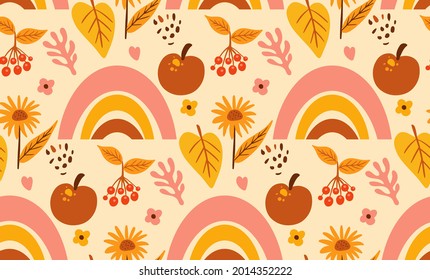 Boho abstract autumn seamless pattern. Bohemian print creative contemporary aesthetic doodle style, repeating texture, background. Vector illustration