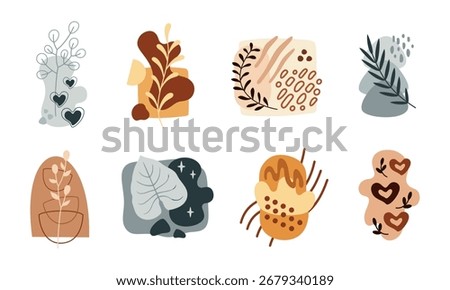 Boho abstract blotch shapes. Organic forms, dots, lines, plants. Compositions set of modern graphic elements. Hand drawn doodles, flat design, minimalist art
