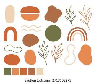 Boho abstract botanical elements with organic shapes, rainbow arches, leaves and earthy terracotta palette arranged as modern minimal decorative collection for design use. Vector illustration.