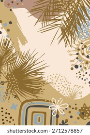 Boho Abstract botanical poster with a hand-drawn palm leaf, Abstract background banner on the wall in brown tones with palm leaves. Hand drawn. Not AI, vector illustration