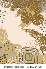 Boho Abstract botanical poster with a hand-drawn palm leaf, Abstract background banner on the wall in brown tones with palm leaves. Hand drawn. Not AI, vector illustration