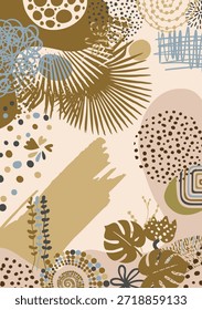 Boho Cartaz botânico abstrato com uma folha de palma desenhada à mão, Banner de fundo abstrato na parede em tons marrons com folhas de palma. Mão desenhada. Não é IA, ilustração vetorial