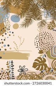 Boho Cartaz botânico abstrato com uma folha de palma desenhada à mão, Banner de fundo abstrato na parede em tons marrons com folhas de palma. Mão desenhada. Não é IA, ilustração vetorial