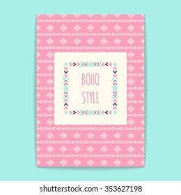 Boho abstract card templates in bohemian style for design save the date cards, invitations, cover with tribal, ethnic, geometric elements 