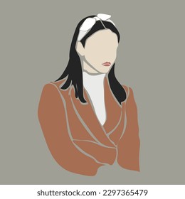 Boho Abstract caucasian Woman in jacket. Pastel colors Background. Modern Minimalist glamour Female Portrait. Vector illustration