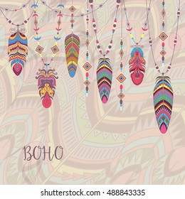 Boho Abstract Design with Bird Feather and Beads. Ethnic Tribal Decorative Background.