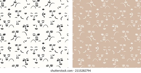Boho Abstract Face Line Drawing hand-drawn pattern seamless vector illustration set