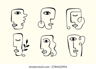 Boho Abstract Faces Continuous Line Art Set Minimal Modern Portrait Icons in Earth Tone Vector Illustration