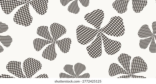 Boho abstract geometric seamless pattern with floral and playful figures. Decorative canvas background for fashion blouse, dress fabric, carpet, curtain, and modern geometrical cover graphics.