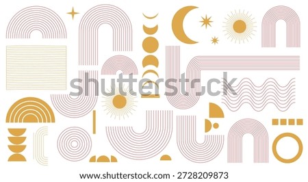 Boho Abstract Geometric Sun Moon Rainbow Line Art Background