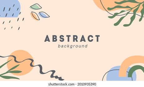 Boho abstract horizontal banner template. Trendy minimal background with tropical palm leaves, rainbow, geometric shapes and lines. Vector frame in flat style.