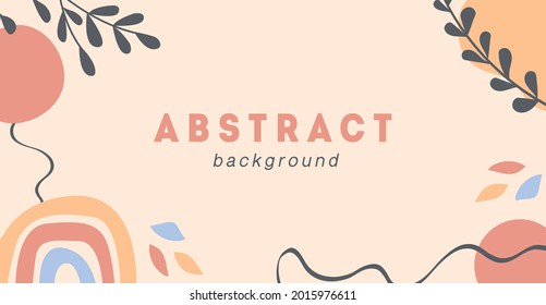 Boho abstrakte horizontale Bannervorlage. Trendy minimaler Hintergrund mit Pflanzen, Regenbogen, geometrischen Formen und Pinsellinien. Vektorbild mit Kopienraum für Text in flachem Stil.