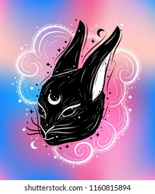 Boho abstract illustration with magic rabbit, clouds and moon. Decorative drawing in flash tattoo style