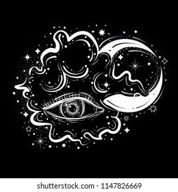 Boho abstract illustration in tattoo art style with eye, clouds and moon. Decorative drawing in flash tattoo style