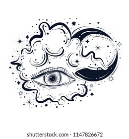 Boho abstract illustration in tattoo art style with eye, clouds and moon. Decorative drawing in flash tattoo style
