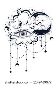 Boho abstract illustration in tattoo art style with eye, clouds and moon. Dreaming concept. Decorative drawing in flash tattoo style