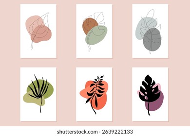 Boho abstract leaves organic spots poster set. Nursery minimalist botanical poster. Abstract trendy shapes leaf silhouette, line art background. Stock vector illustration isolated on white background.