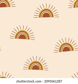 Boho abstract morning rising sun vector seamless pattern. Hippie child sunrise background. Scandinavian decorative style surface design for nursery and baby fashion.