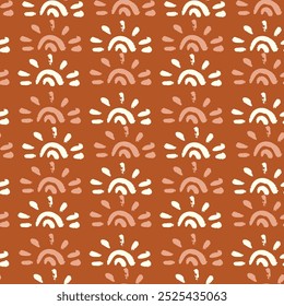 Boho abstrato manhã nascendo sol textura vetor padrão sem emenda. Fundo do nascer do sol da criança. Design de superfície de estilo decorativo escandinavo para moda infantil e bebê. Perfeito para tecido, papel de parede e