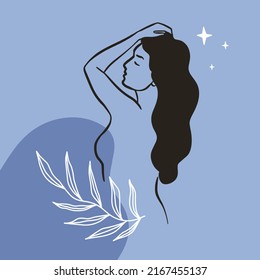 Boho abstract mystical design concept for poster, postcard social media etc. Linear female body and abstract shapes. Modern abstract line art style. Vector illustration
