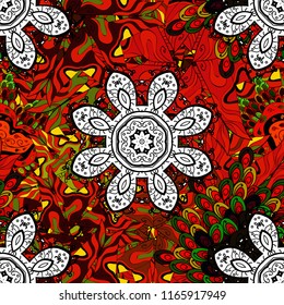 Boho abstract seamless pattern. Colorful colored tile mandala on a black, red and white colors. Intricate floral design element for wallpaper, gift paper, fabric print, furniture.