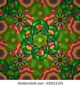 Boho abstract seamless pattern. Colorful colored tile mandala on a yellow background. Intricate floral design element for wallpaper, paper, fabric print, furniture. Unusual vector ornament decoration