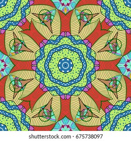 Boho abstract seamless pattern. Colorful colored tile mandala on a petals background. Intricate floral design element for wallpaper, paper, fabric print, furniture. Unusual vector ornament decoration.