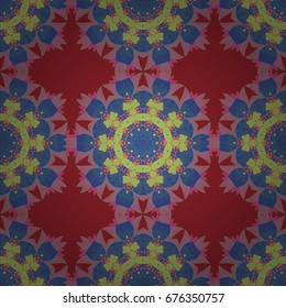 Boho abstract seamless pattern. Colorful colored tile mandala on red background. Intricate floral design element for wallpaper, gift paper, fabric print, furniture. Unusual vector ornament decoration.