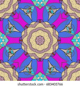 Boho abstract seamless pattern. Colorful colored tile mandala on a petals background. Intricate floral design element for wallpaper, paper, fabric print, furniture. Unusual vector ornament decoration.