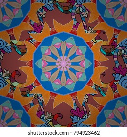 Boho abstract seamless pattern. Colorful colored tile mandala on a blue, pink, beige colors. Intricate floral design element for wallpaper, fabric print, furniture. Unusual vector ornament decoration.