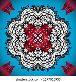 Boho abstract seamless pattern. Intricate floral design element for wallpaper, fabric print, furniture. Unusual vector ornament decoration. Colorful colored tile mandala on a blue, white, black colors