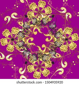Boho abstract seamless pattern. Unusual vector. Intricate floral design element for wallpaper, gift paper, fabric print, furniture. Colorful colored tile mandala on a yellow, purple and brown colors.