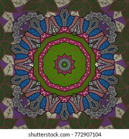 Boho abstract seamless pattern. Unusual vector ornament decoration. Colorful colored tile mandala on a beige, green and pink colors. Intricate floral design element for wallpaper, gift paper, fabric.