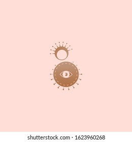 Boho abstract style Moon. Simple minimalistic icon. Logo template. Trendy vector illustration. Astrology, esoteric, yoga, alchemy concept. Tattoo, t-shirt print idea. Golden gradient. Pink background